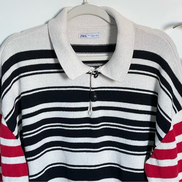 Zara Men's Black/Red/White Knit Striped Quarter Button Sweater - 35545 - Picture 3 of 13